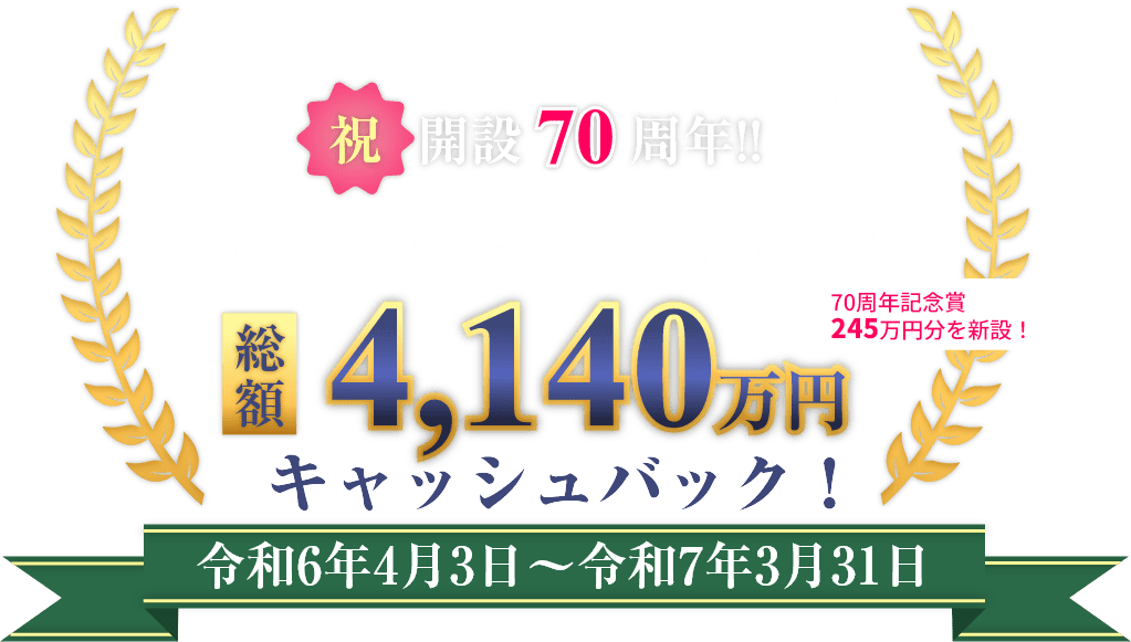 祝　開設70周年!令和6年度電話投票キャンペーン　総額4000万円+140万円キャッシュバック！　令和6年4月3日～令和7年3月31日